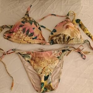 PQ Swim Pink and Cream Floral Tie Triangle Bikini